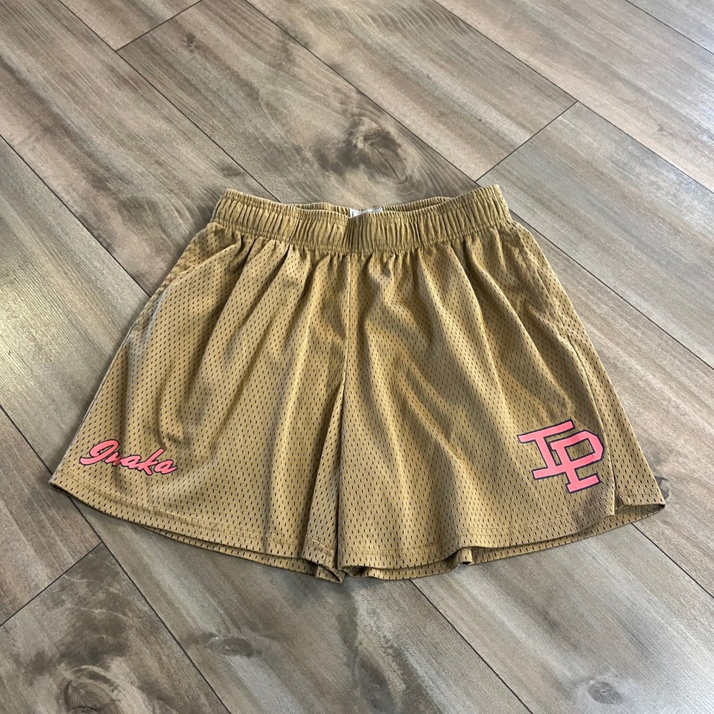 Inaka Power‎ Men's Tan Mesh Basketball Shorts Size L Pink Logo Bin I-24